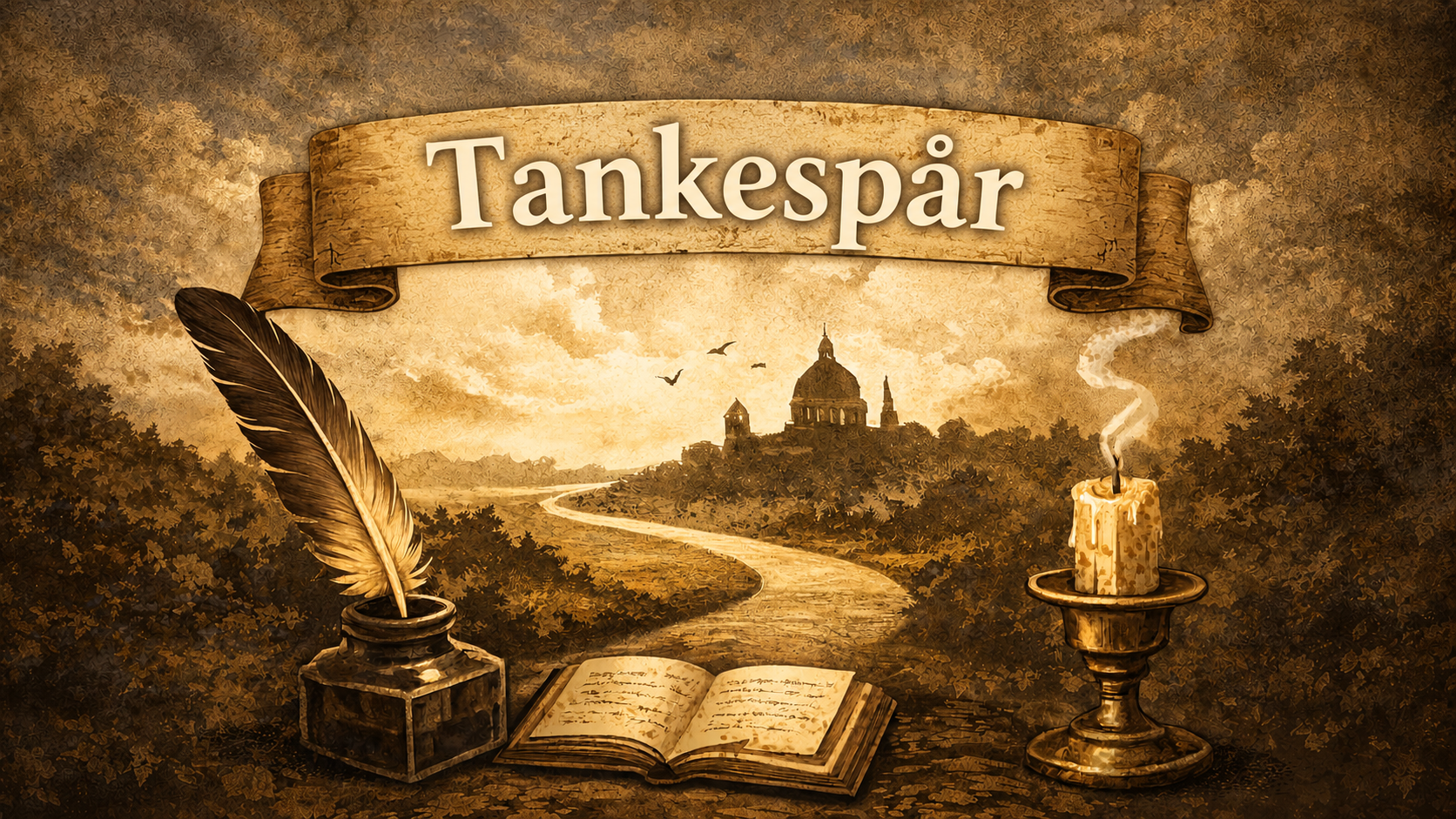 Tankespår – fjäderpenna, bok, ljus och en väg mot horisonten